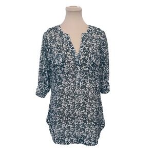 Angie‎ Women Blouse Medium Black White Floral Sheer Button Up Tunic Pocket Top